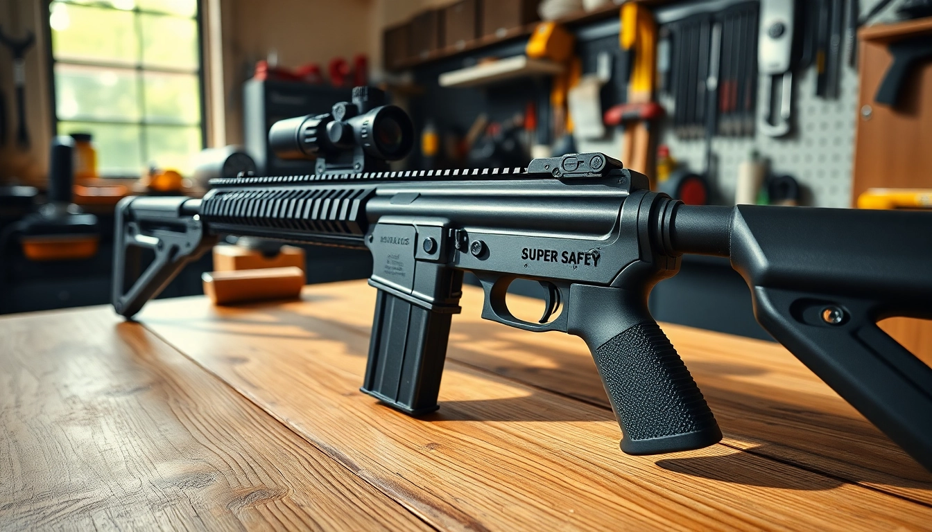 AR super safety trigger displayed prominently on an AR-15 platform in a workshop setting.
