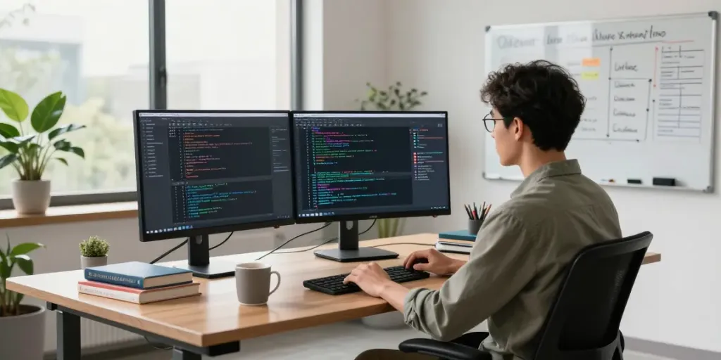 Developer menggunakan PGserver pada desktop modern dengan monitor yang menampilkan kode pemrograman dan antarmuka basis data.