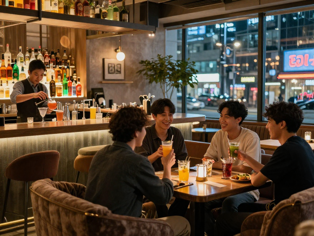 강남쩜오에서 친구들과 함께 즐거운 시간을 보내는 모습, 아늑한 분위기와 세련된 인테리어가 특징입니다.