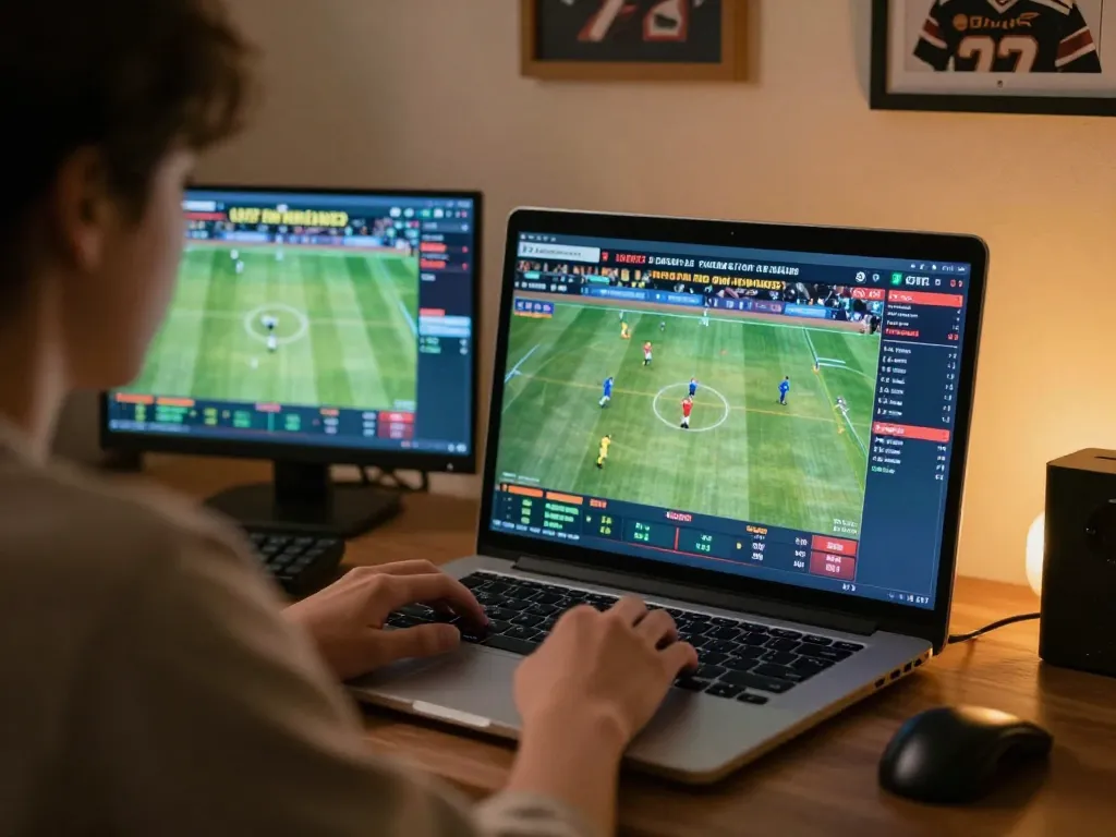 Person engaging in sports betting on https://www.mnm88.com/ with laptop and live game odds displayed, warm lighting creating a cozy atmosphere.