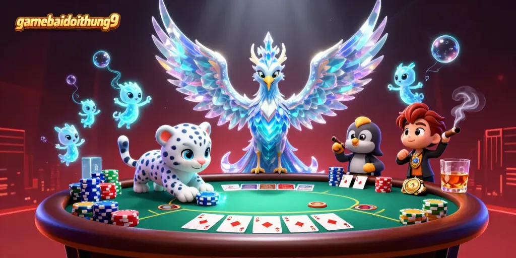 Enjoy thrilling poker action with gamebaidoithuong9, featuring an ice phoenix, snow leopard, and vibrant casino elements.