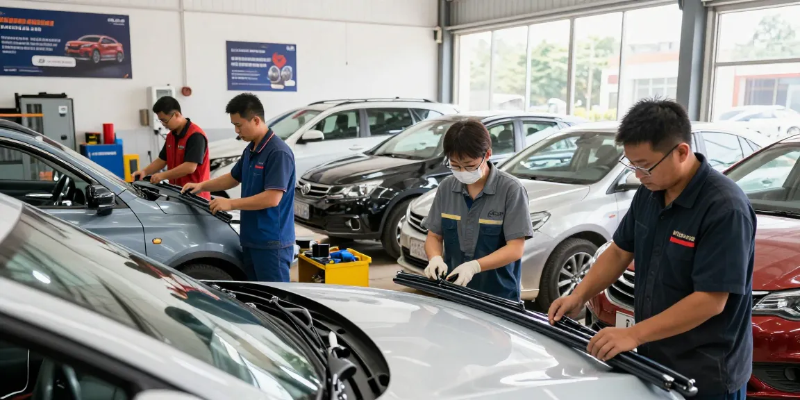 Team of mechanics installing hybrid wiper blades in an automotive workshop, showcasing quality automotive services.