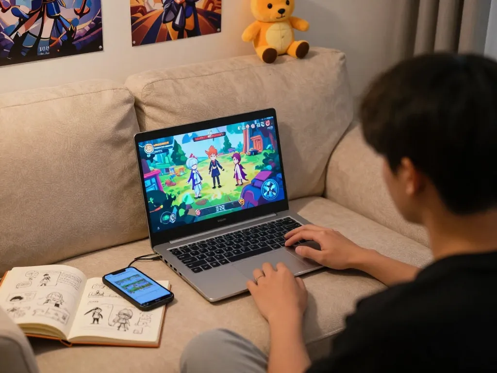 Player immersed in an xxx game on a laptop in a cozy room, showcasing vibrant game artwork and a creative atmosphere.