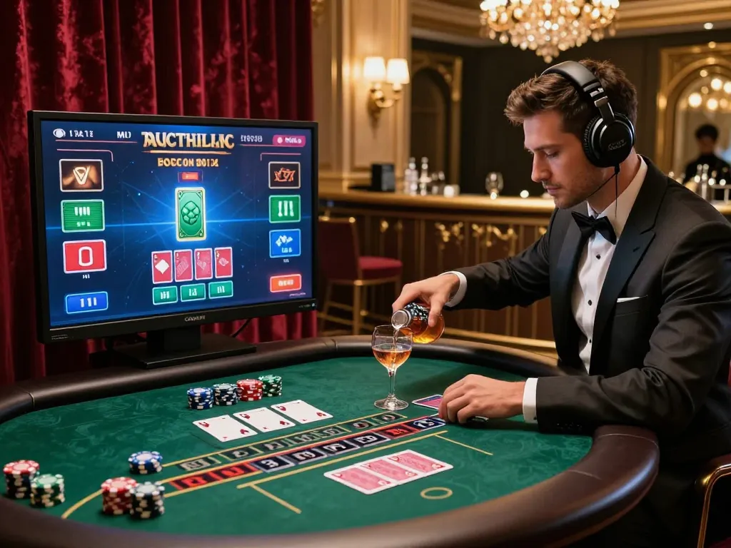 Engaging atmosphere of an online 바카라사이트 featuring a sophisticated player at a virtual baccarat table.