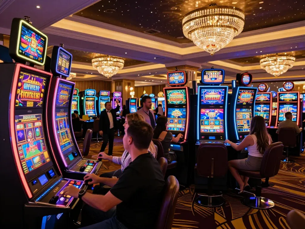 Rút Tiền cm88 at a vibrant casino floor with players celebrating wins and engaging with slot machines.
