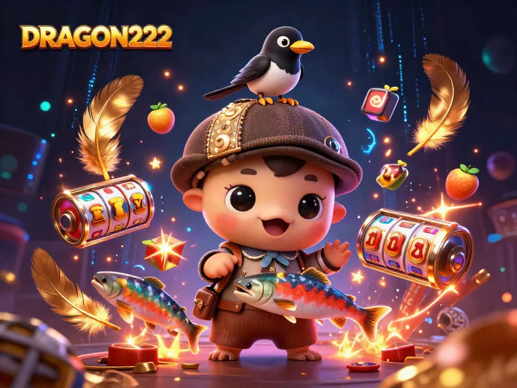 Engage with DRAGON222's casino experience, featuring vibrant slot symbols, lively characters, and exciting gaming elements.