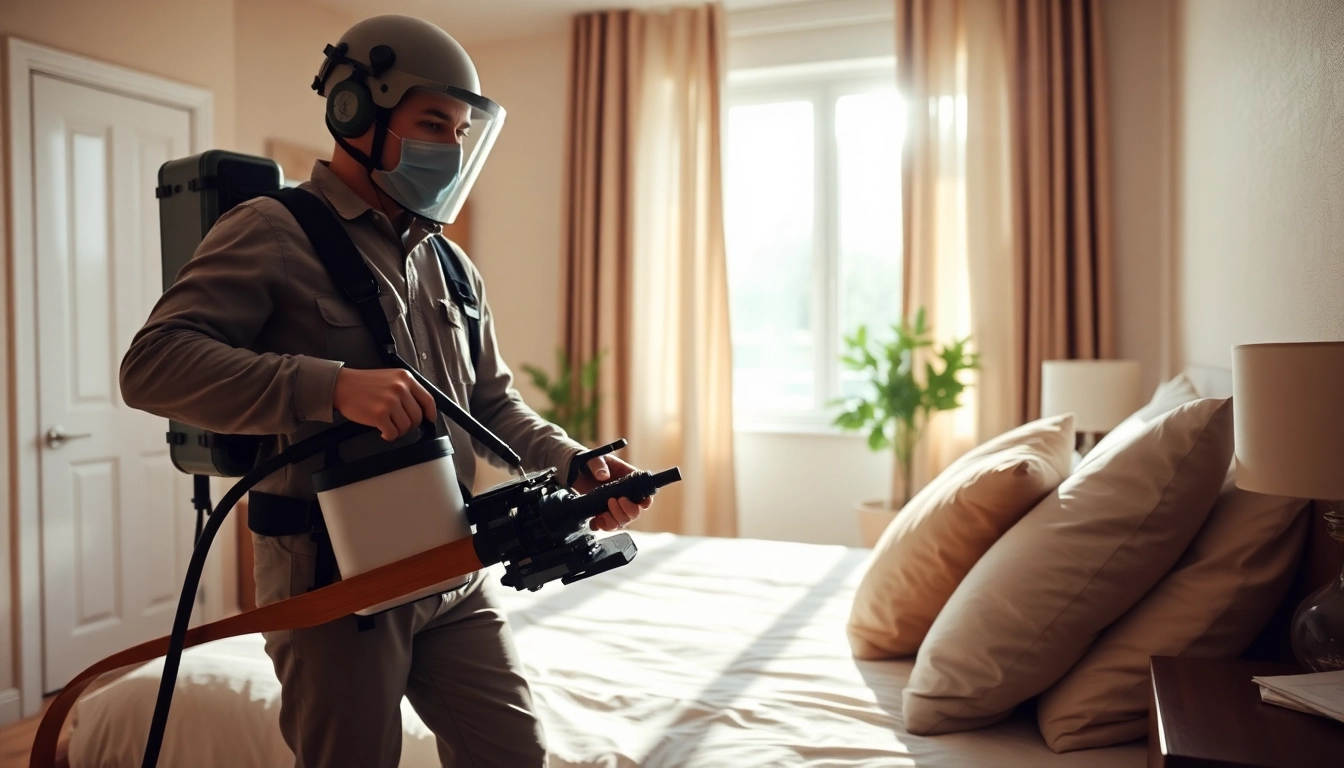 Effective bed bug control in a modern bedroom by a professional exterminator.