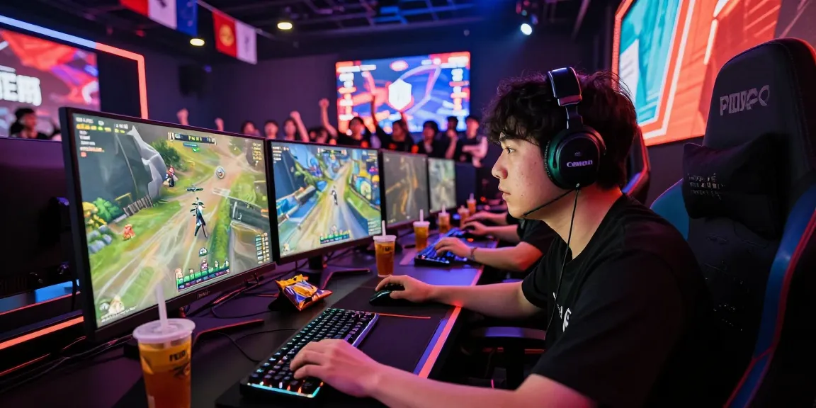 Exciting PUBG Hack gameplay in a competitive esports arena, featuring an intense player focused on multiple gaming monitors.