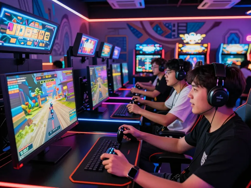 Autowin88 gamers immersed in an exciting digital arcade atmosphere with vibrant LED lights and thrilling game visuals.