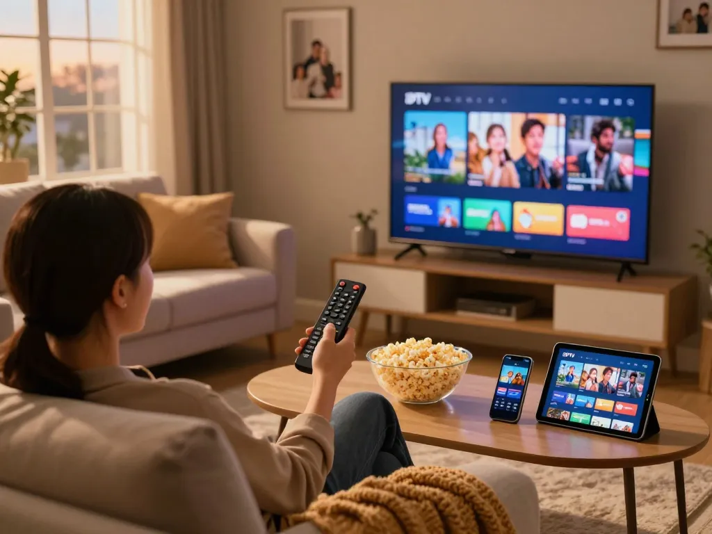 Genieten van IPTV TV in een gezellige woonkamer met levendige inhoud op het scherm