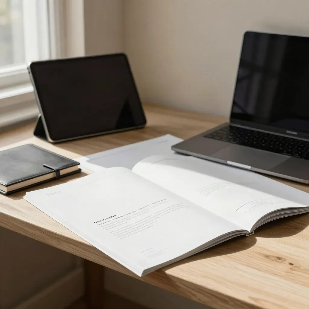 Sunlit homepage mockups, tablet, laptop and printouts layered on a pale oak bench.