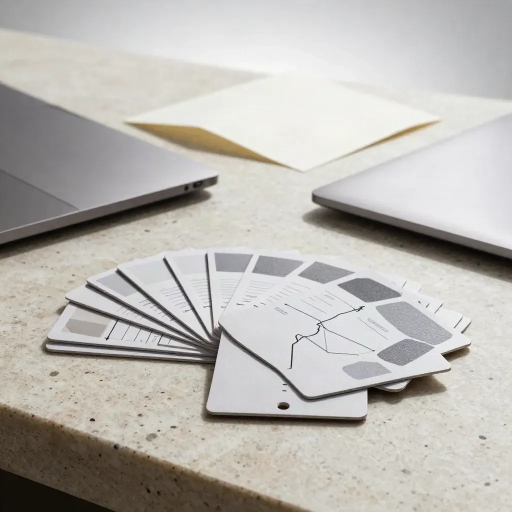 Paper site-map cards, laptop edge, print proof and folder mid-fan on a travertine surface