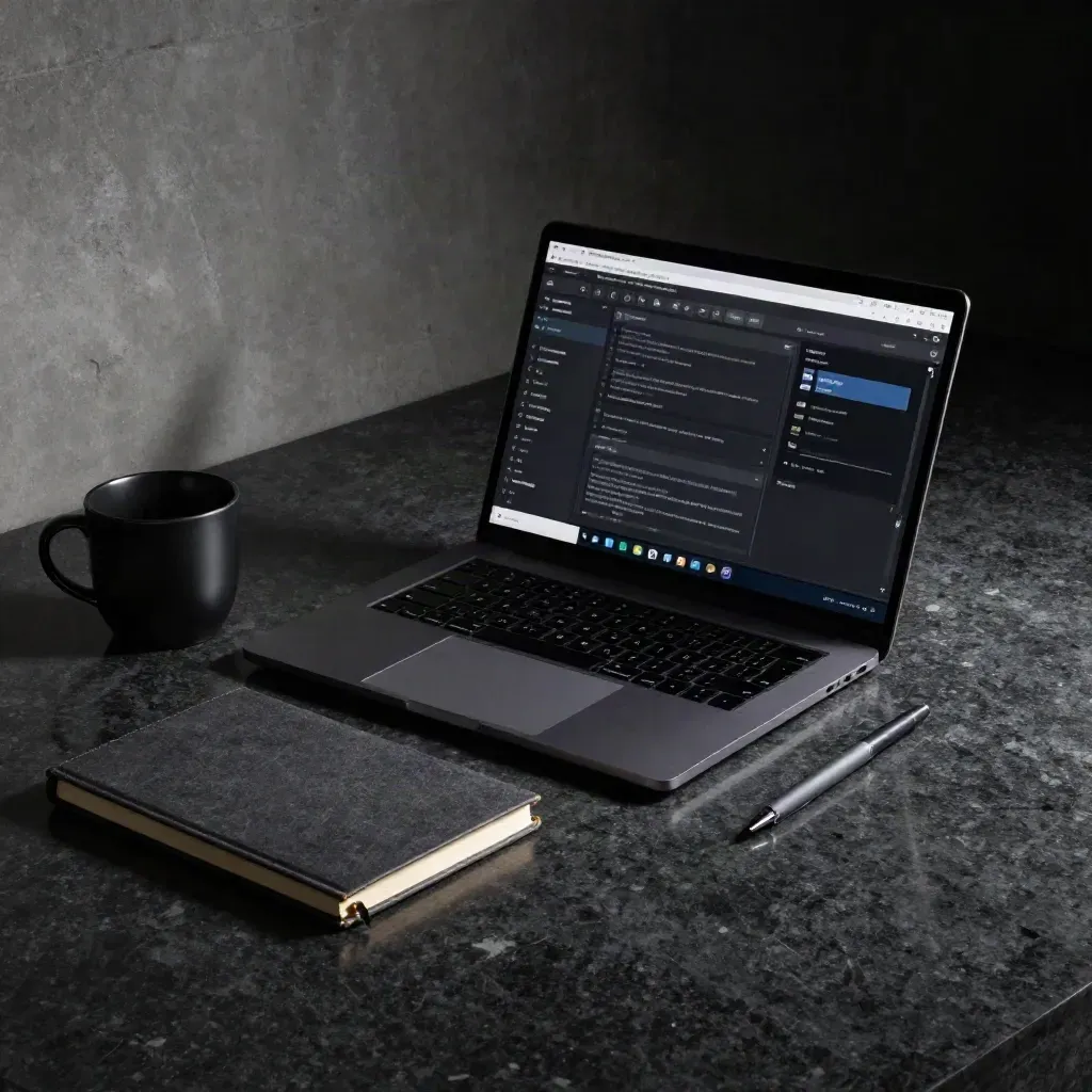 Matte-black laptop, notebook, cup and pen on basalt in a dim studio