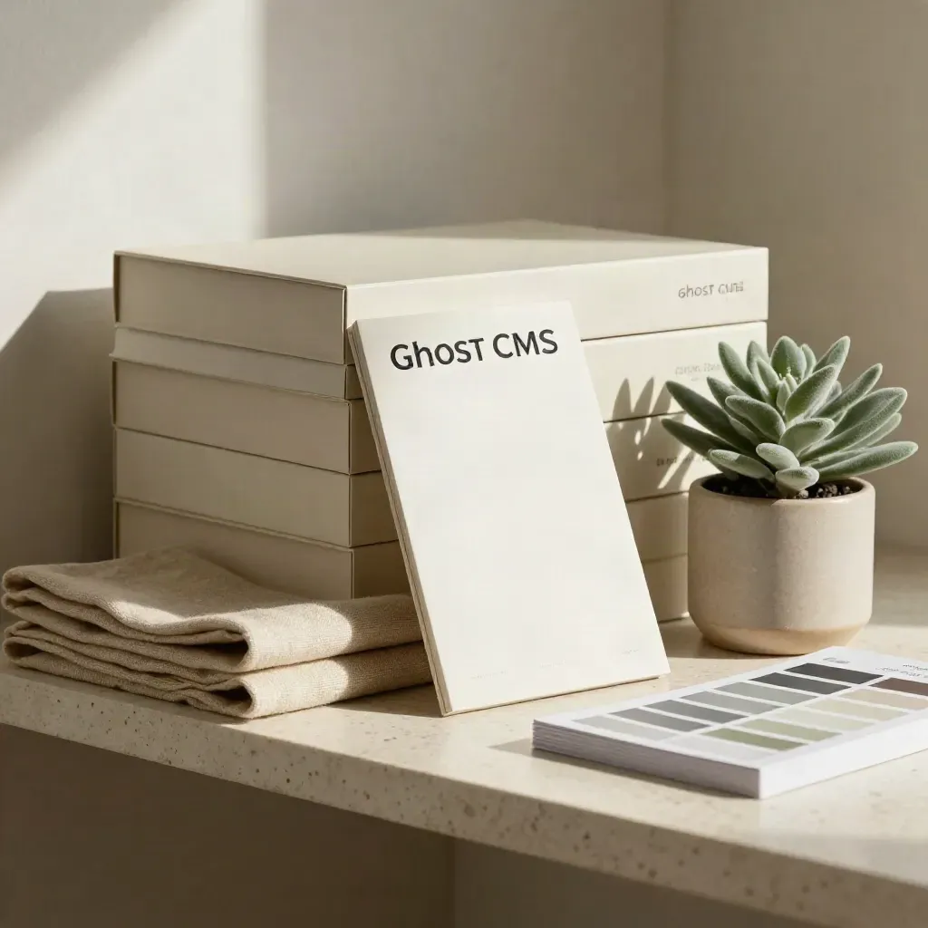 Ghost theme boxes on a cream shelf with linen, plant, and archive tray in soft morning light.