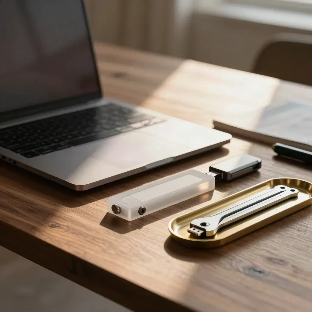 Laptop, acrylic tile, toggle block, USB drive and brass tray lined up on a walnut desk.