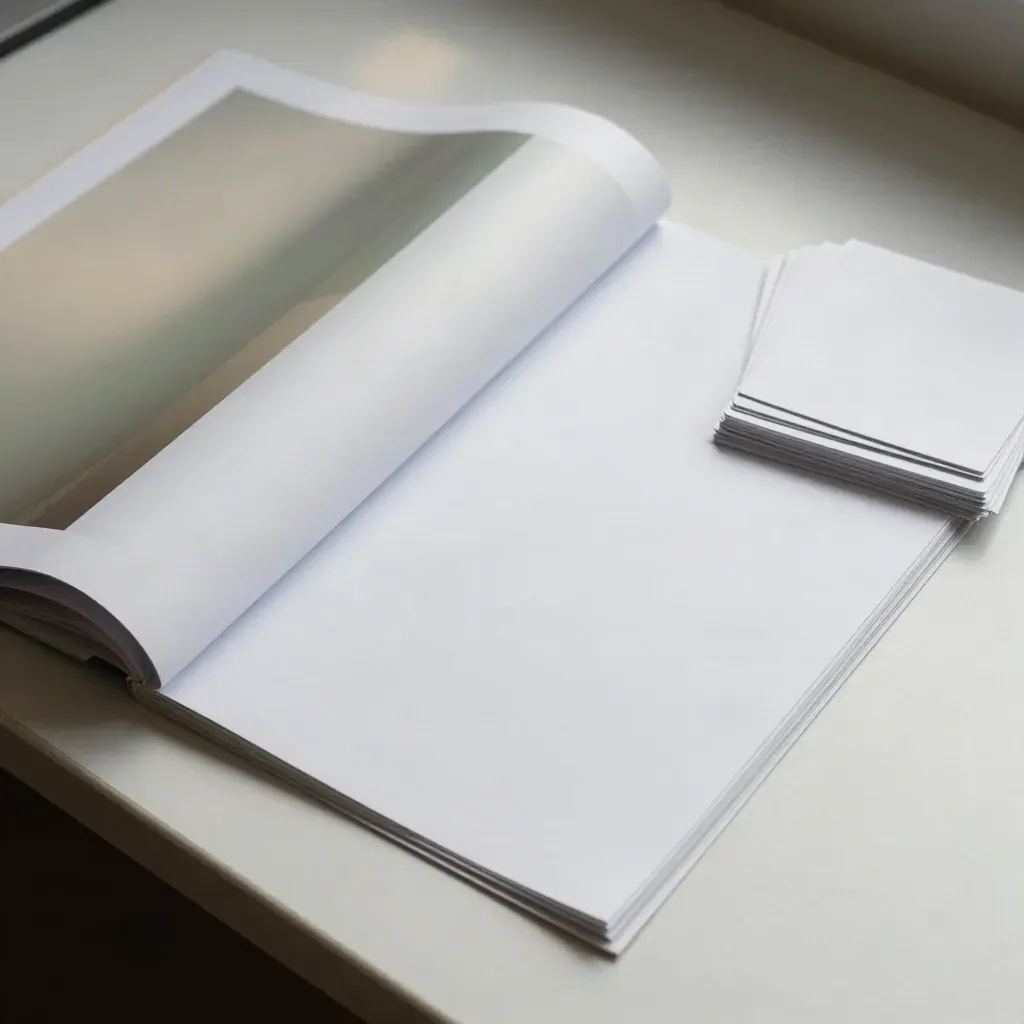 Overhead proof sheets, a softcover magazine, and caption cards fanned on a light table in morning light.