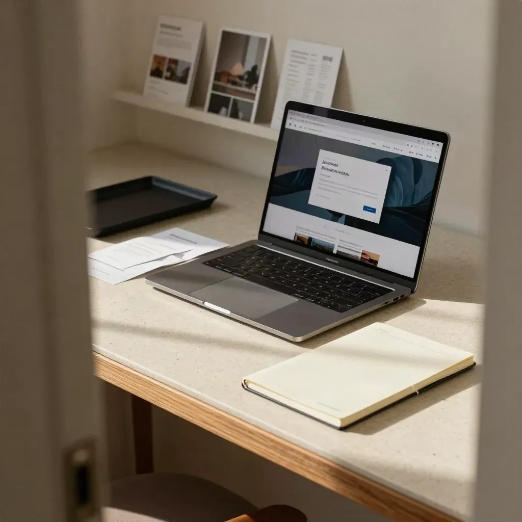 Bright Ghost CMS workspace with laptop signup mockup, folded welcome cards, and a notepad on travertine