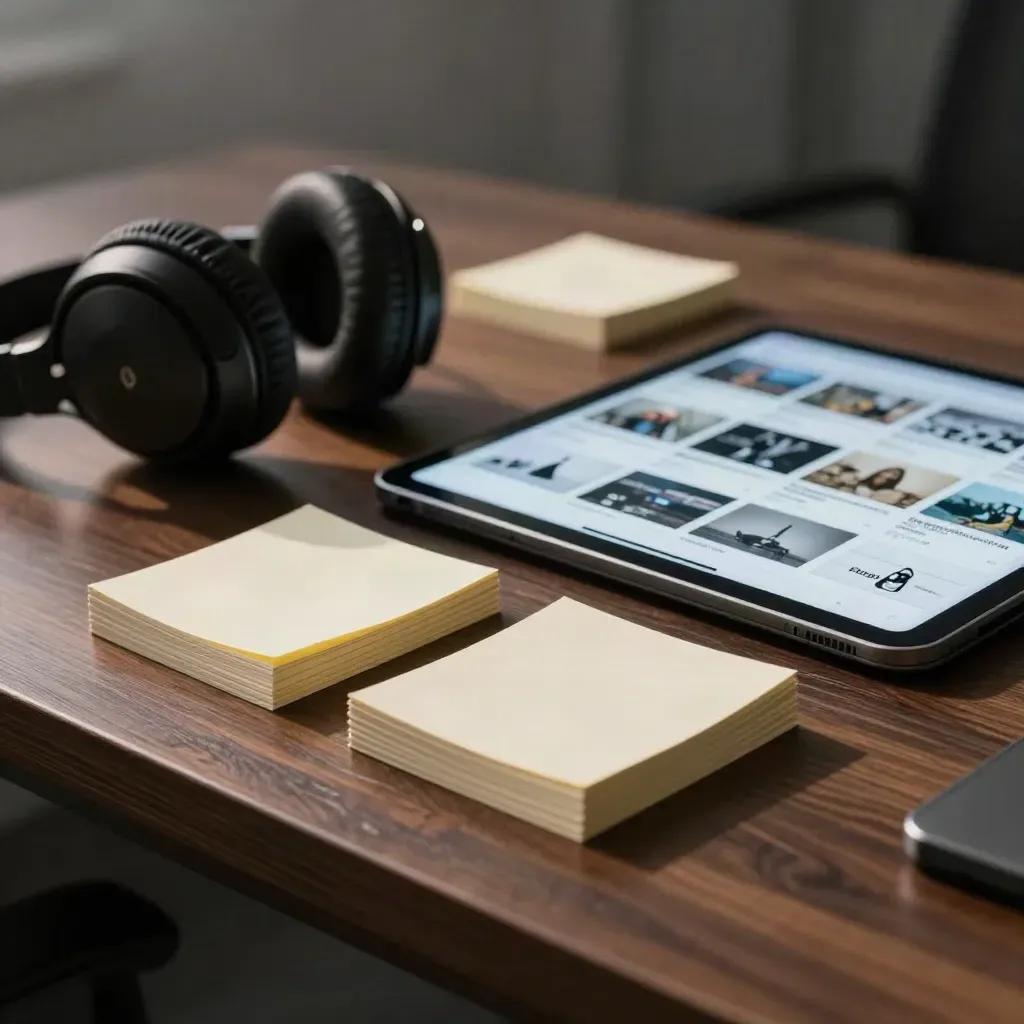 Tablet podcast layout with headphones, mic base, and note cards on a moody walnut desk.