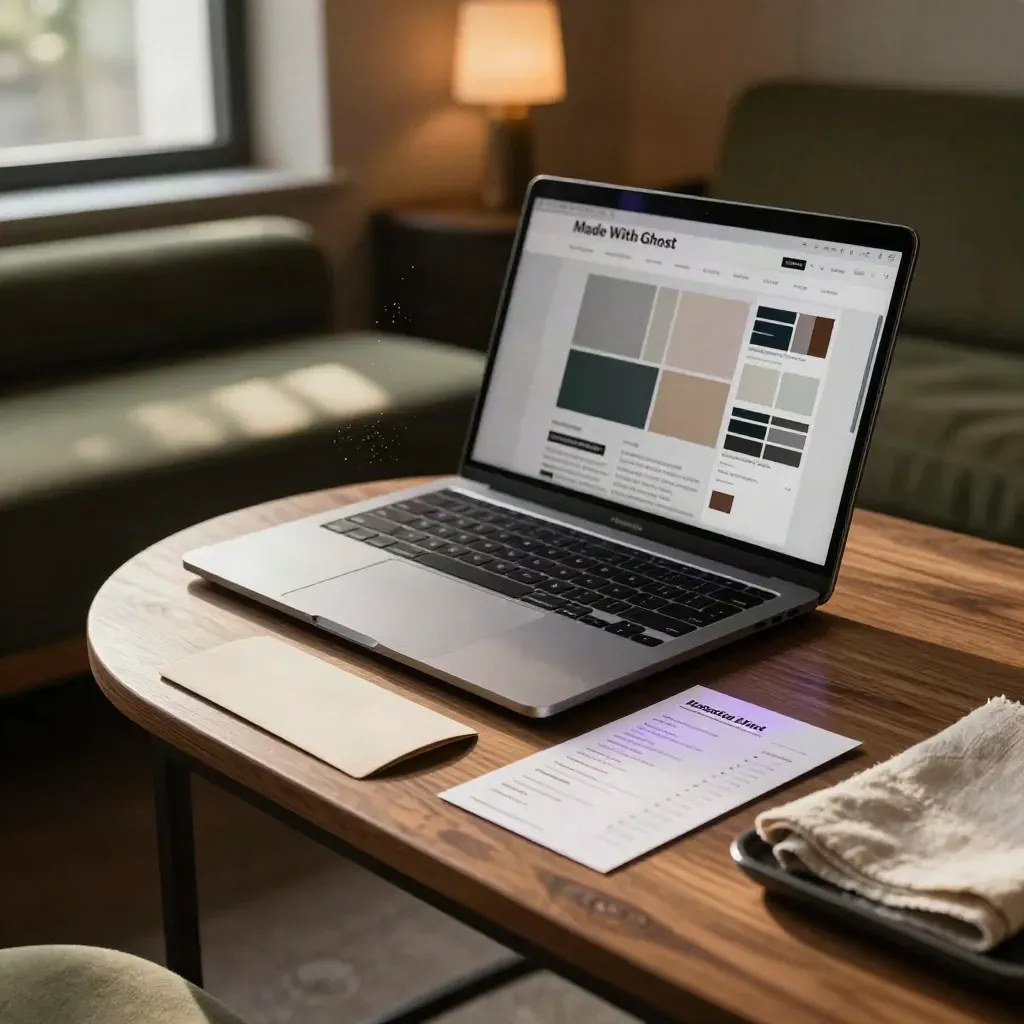 Laptop mockup, sealed paper sleeve, and pricing card in a warm dusk studio corner.