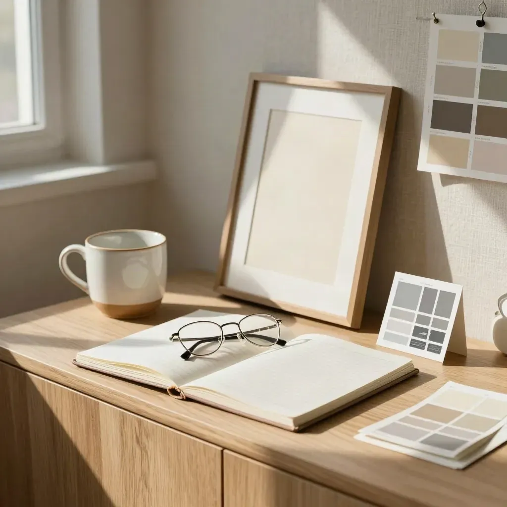 Sunlit about-page workspace with notebook, glasses, ceramic cup, framed mat, and layout mockup on pale oak.