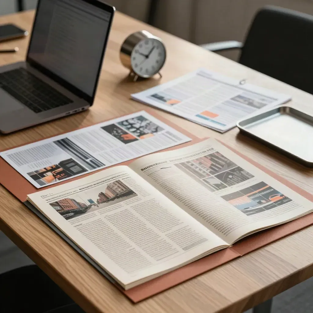 High-angle newsroom table with layout cards, laptop, clock, and proofs in motion.
