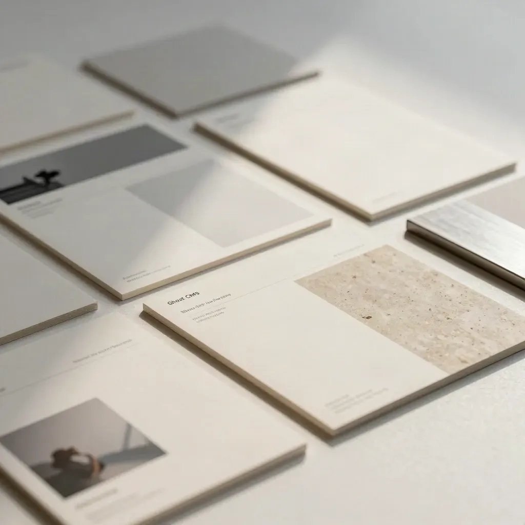 Macro of modular website card tiles forming a Ghost tag-page grid prototype