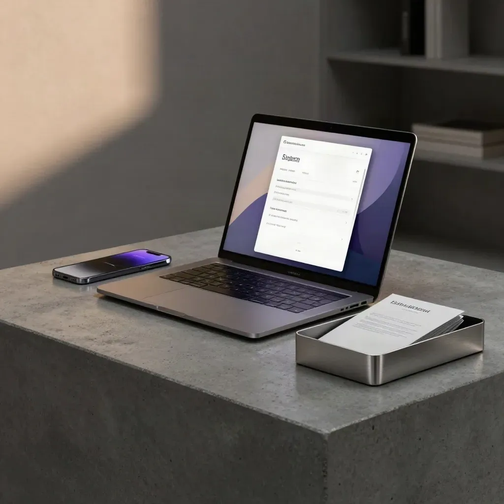 Laptop, phone and envelope tray on a concrete plinth with a purple glow in a moody studio
