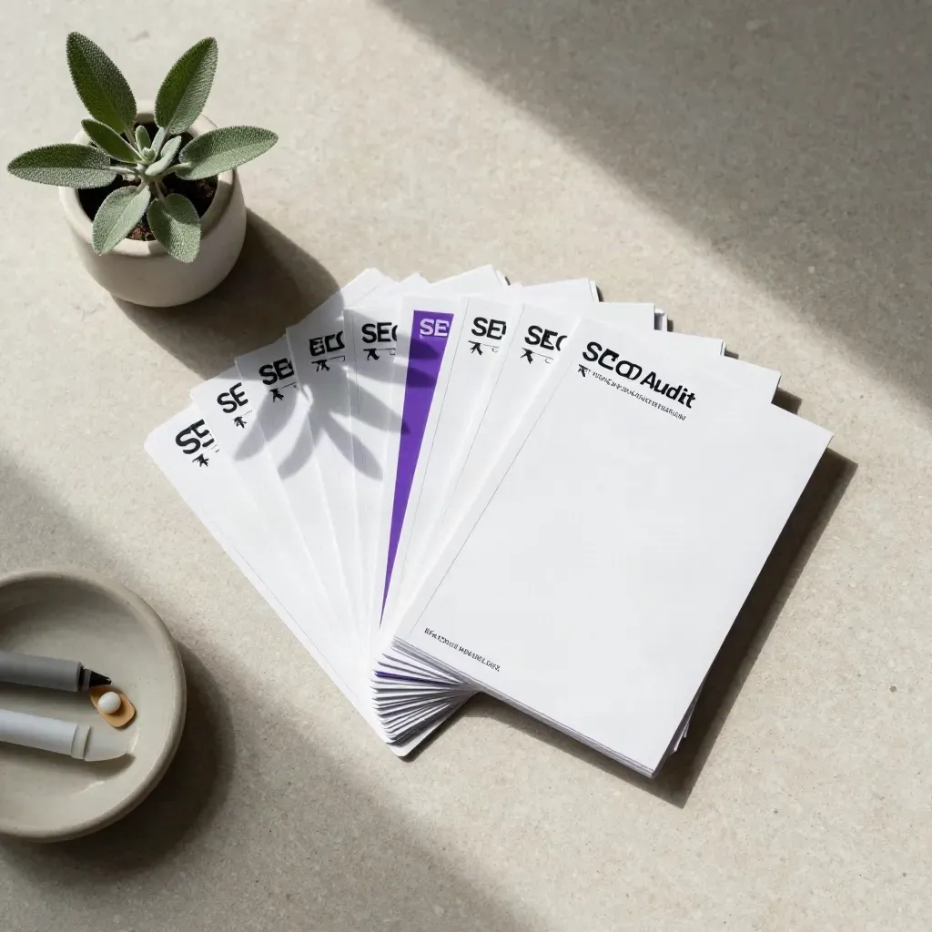 SEO audit cards with purple tabs, a tiny plant, and a ceramic dish on pale stone.