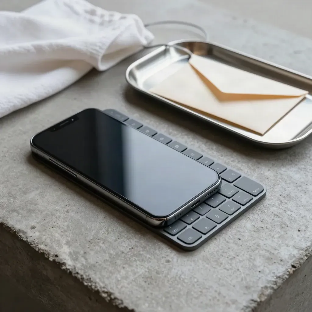 Smartphone, compact keyboard, and metal tray with envelope and cable on cool concrete.