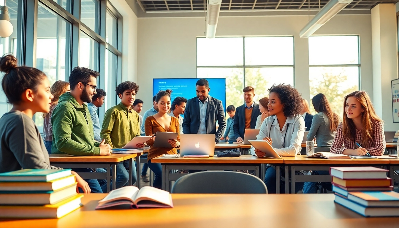 Dynamic classroom scene promoting innovative education through collaboration and technology.