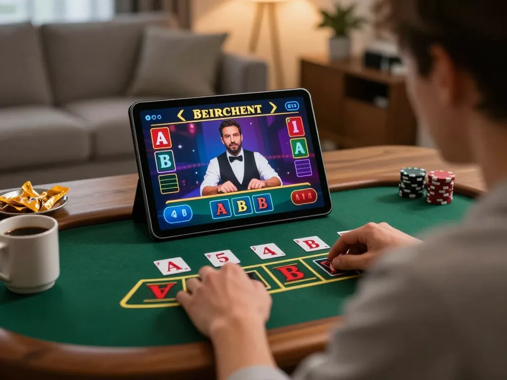 Engaging in thrilling blackjack gameplay at home with da88, showcasing dynamic tablet interface and cozy atmosphere
