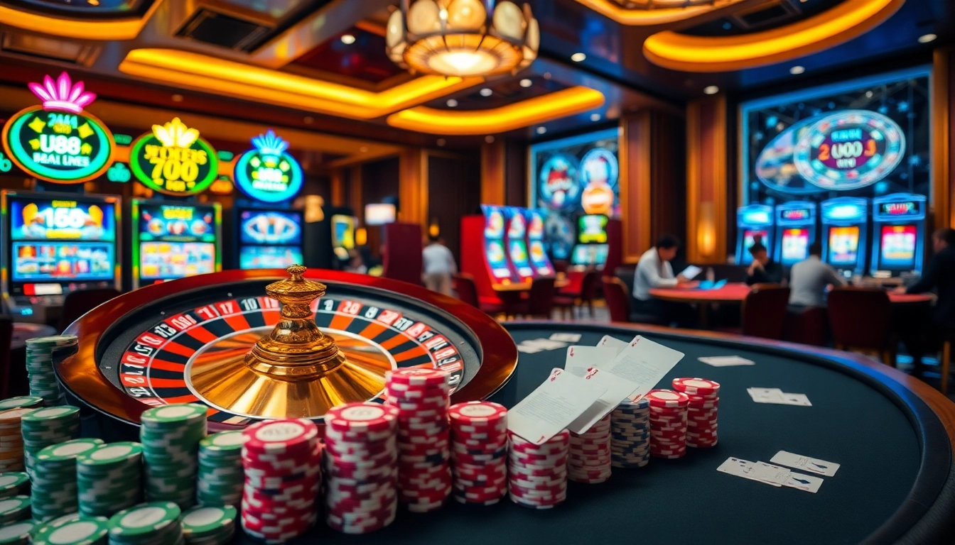 The u88 casino scene showcases intense betting at a luxurious poker table with vibrant roulette and slot machines.
