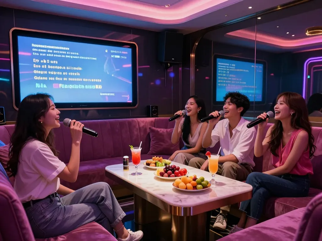 Enjoying high-end karaoke at gangnamtune.com with friends in a luxurious room atmosphere.