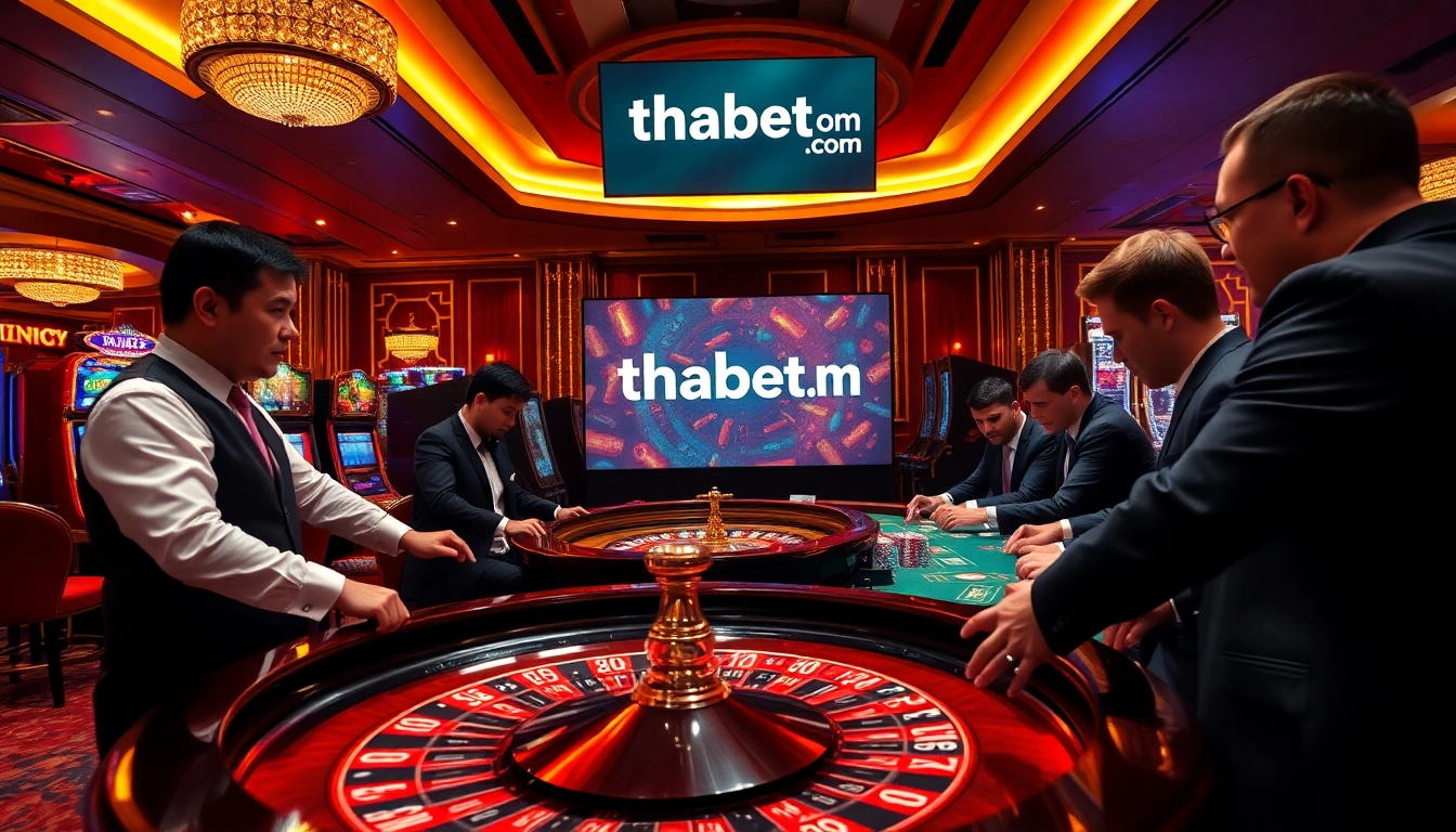 Experience thrilling gaming at thabet com, featuring an elegant casino atmosphere with roulette and slot machines.