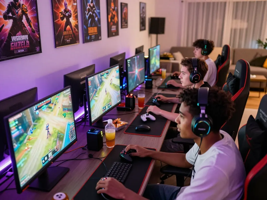 Energetic gaming scene capturing ligasedayu community members enjoying multiplayer games in a vibrant space.