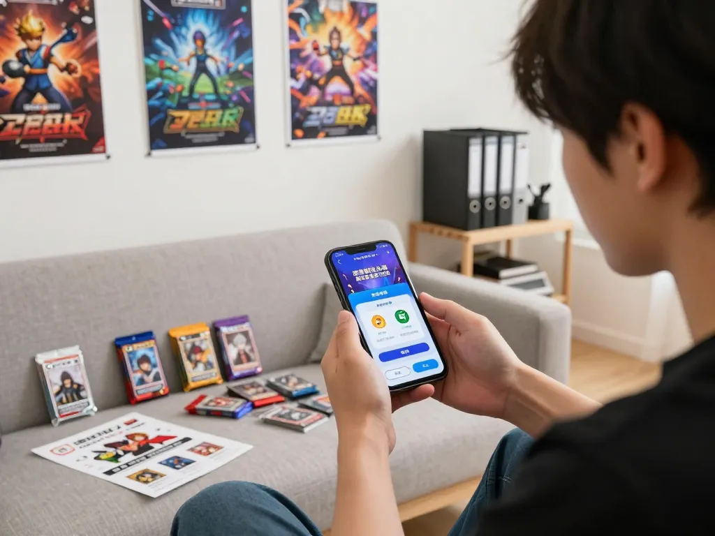 活気に満ちたゲーム環境でトレーディングカードコレクションを持ちながらスマートフォンで日本トレカセンター招待コードを使用している人