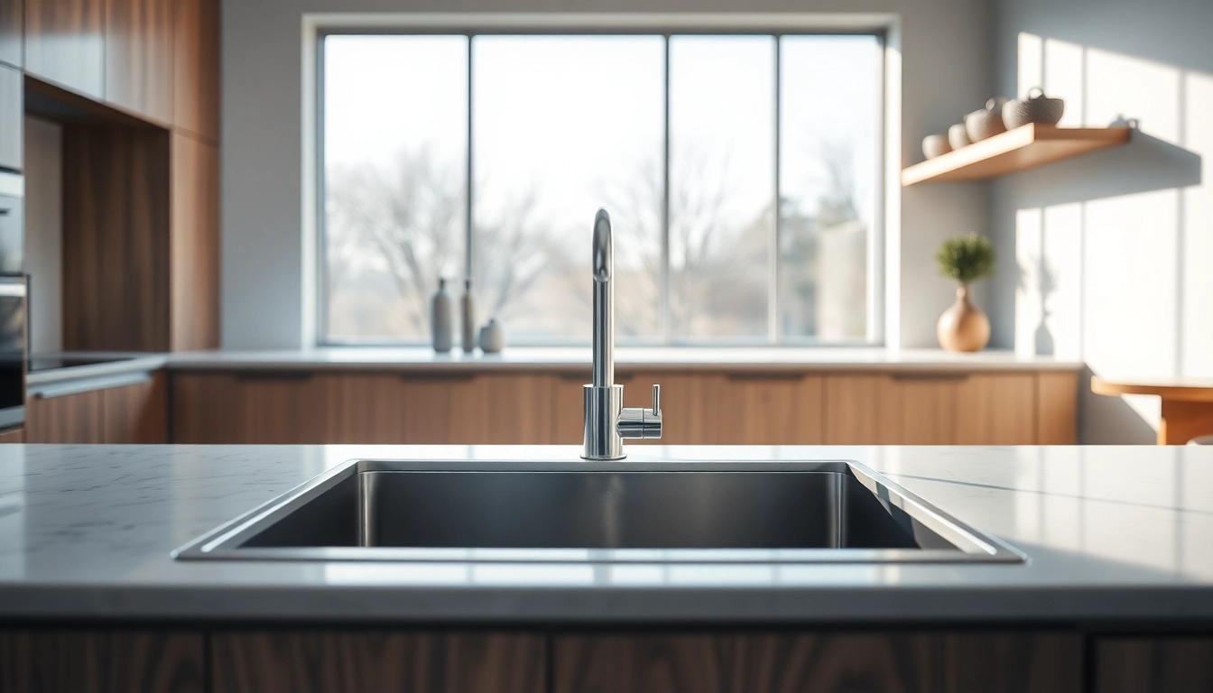 Showcasing a kitchen sink in stainless steel in a modern kitchen setting with elegant design elements.