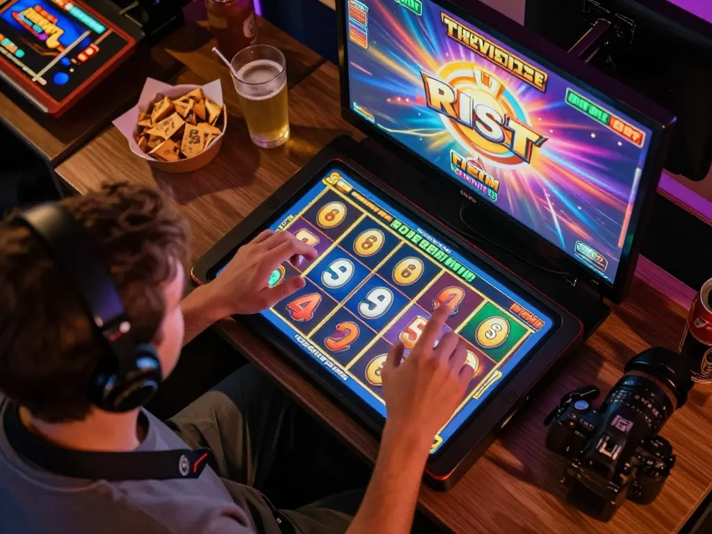 Engaged player spins the online slot reels on a tablet, celebrating vibrant graphics and wins.