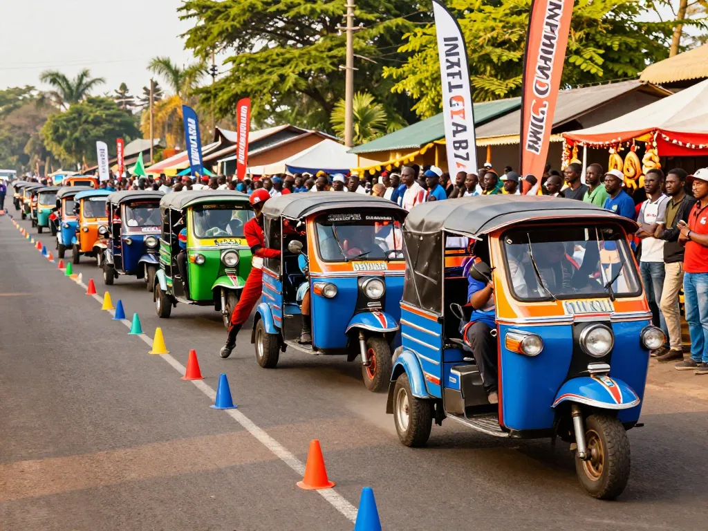 Tuk tuk motorsport Kenya event capturing vibrant racing scene with colorful tuk-tuks and cheering crowd.