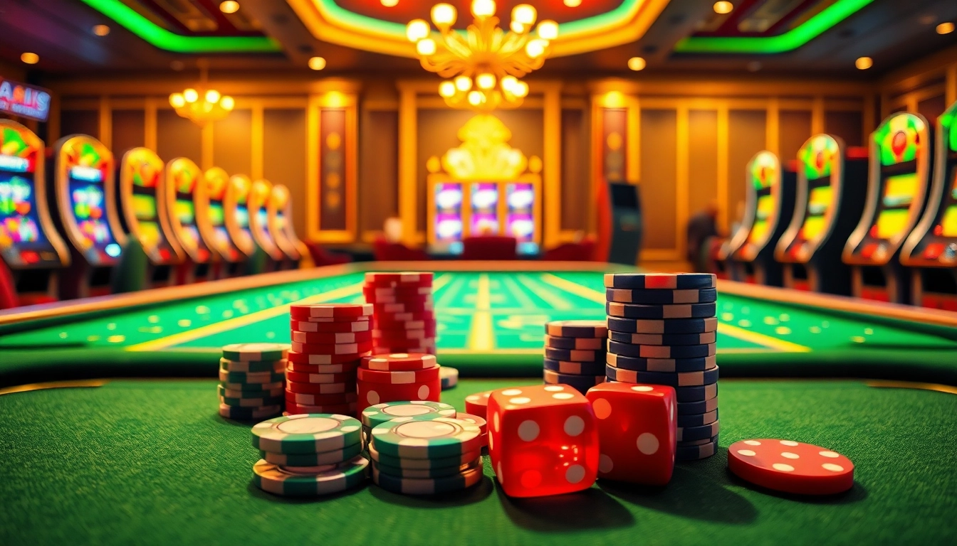 Kegembiraan Situs Deposit 5k tertangkap dalam adegan kasino mewah dengan chip poker berwarna-warni dan mesin slot.