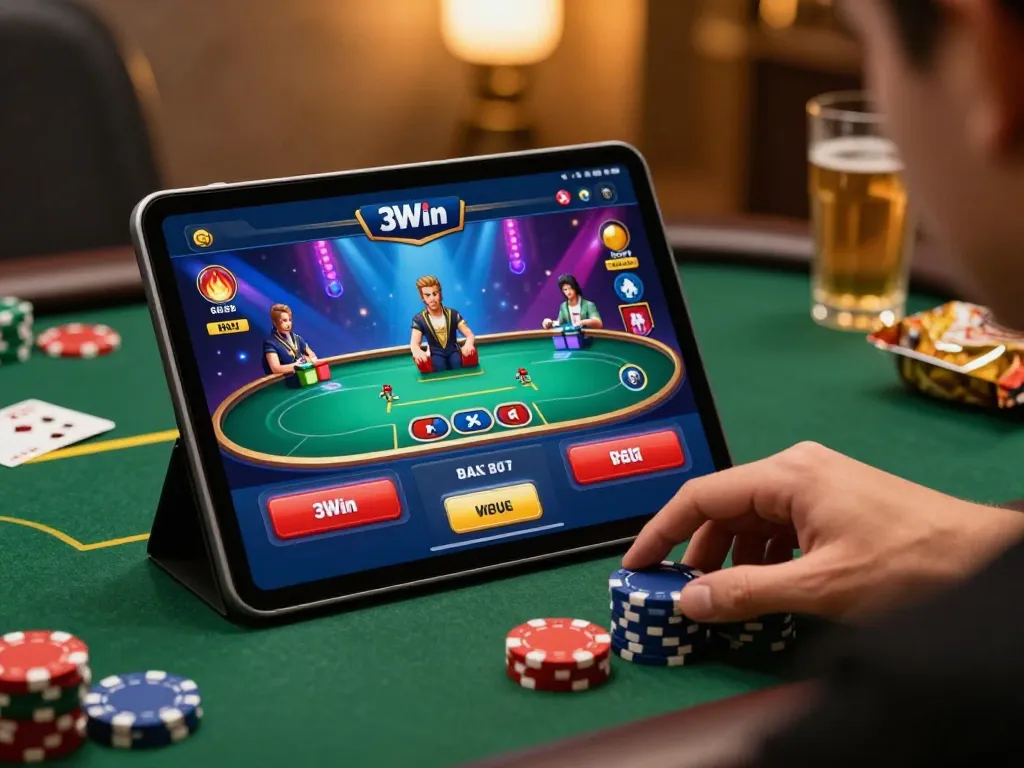 Player enjoying an exciting game on the 3Win casino app with colorful visuals and poker chips visible.