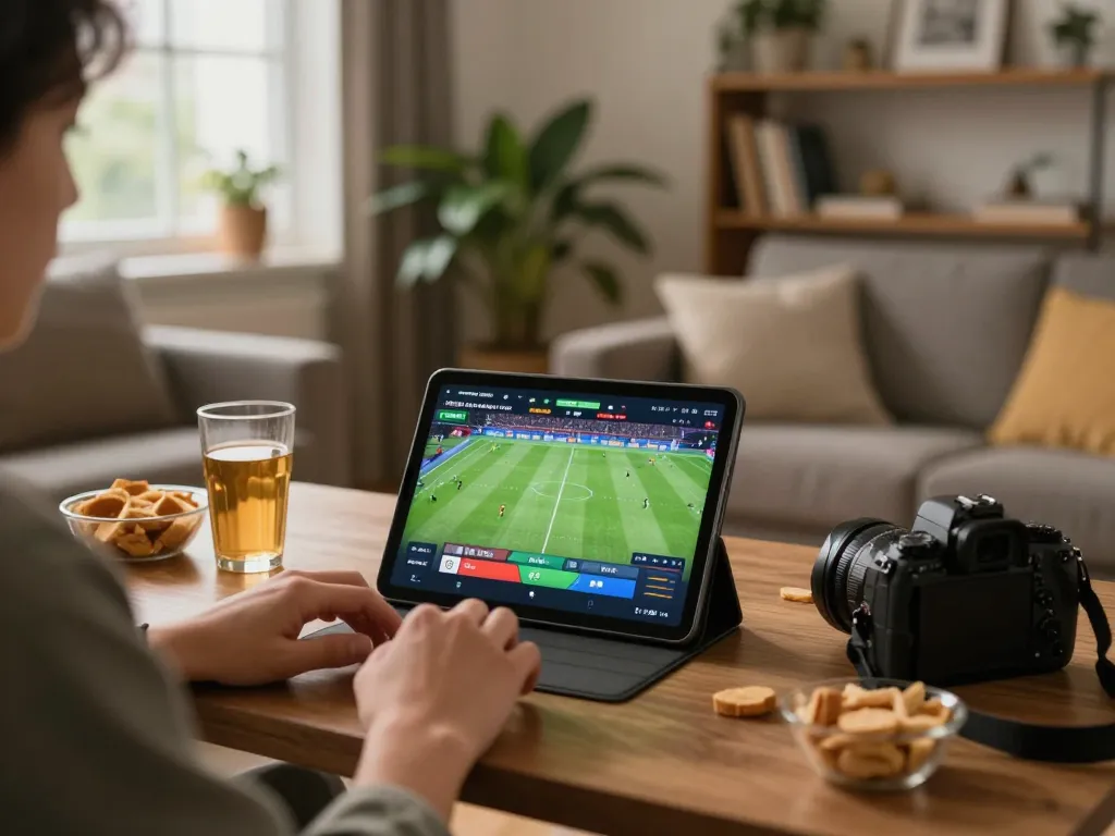 Cakhiatv user enjoying live betting on tablet in a cozy setting with snacks and drinks