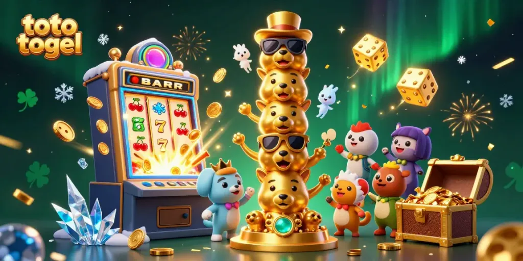 Menangkan toto togel dengan ilustrasi kasino 3D berwarna-warni dan detail menarik.