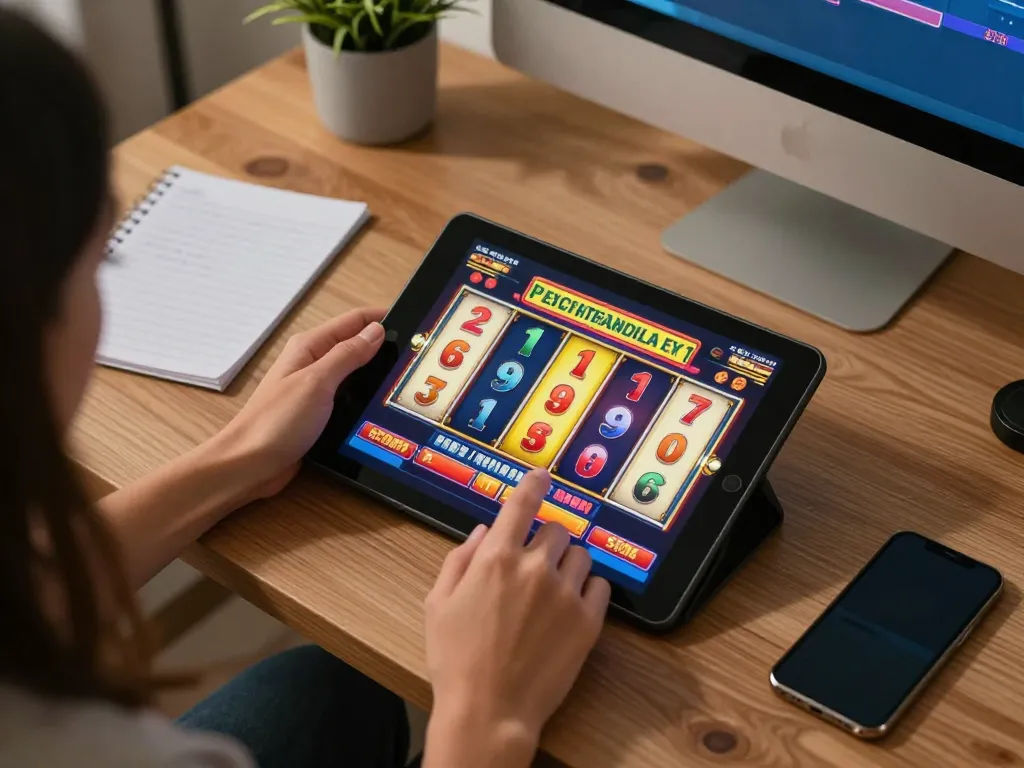 Engaged player enjoying เว็บตรงสล็อต on tablet screen, showcasing spins in vibrant atmosphere