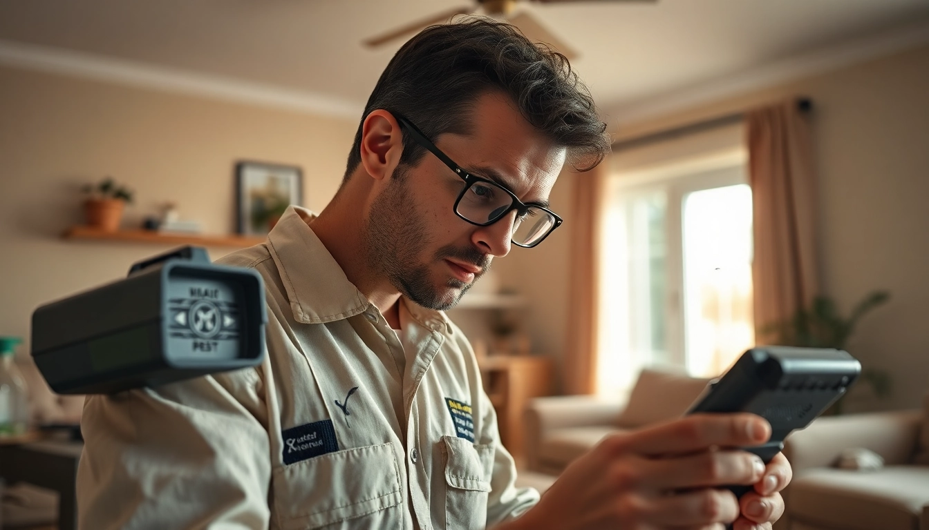Technician who removes bugs from houses inspecting for infestations indoors.