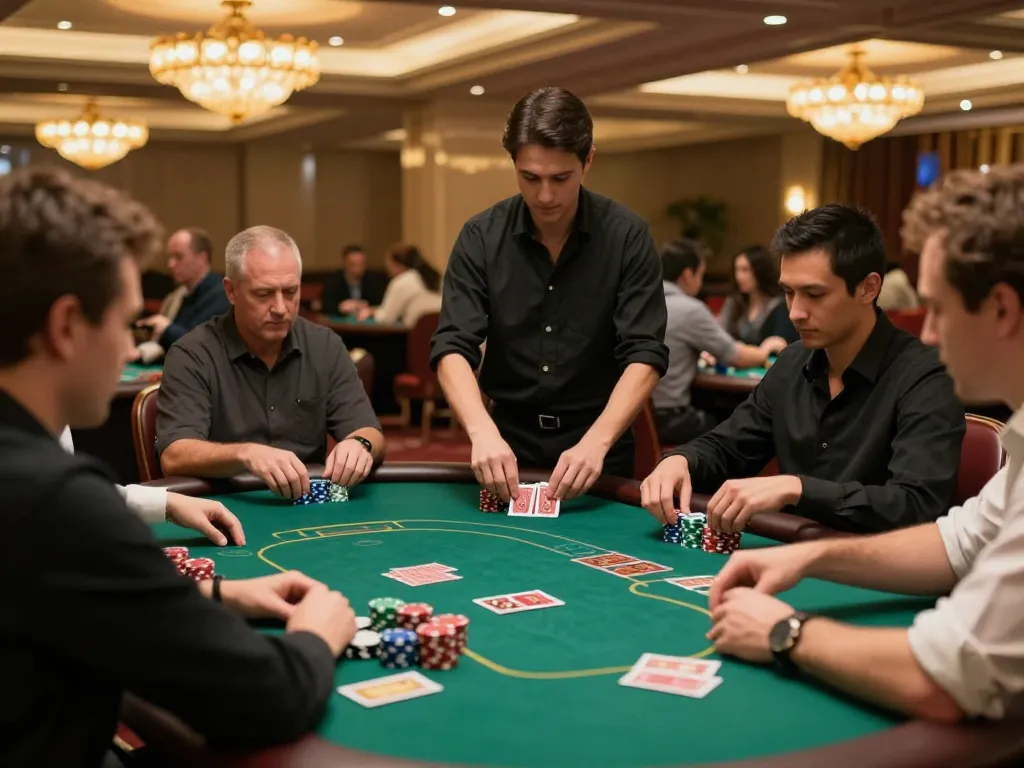 Players strategizing over poker tables in an upscale casino, featuring a dynamic scene of gambling excitement with giường bệnh nhân present.