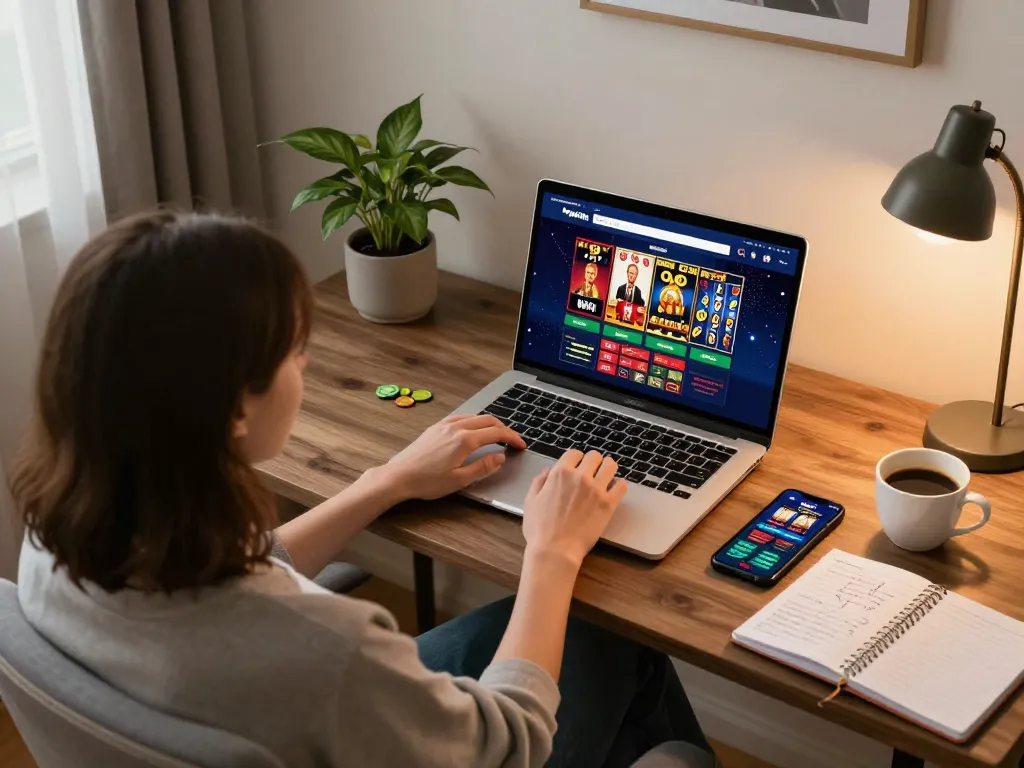 Iwin online gaming scene showing a person engaged in casino activities at home, highlighting a vibrant betting interface.