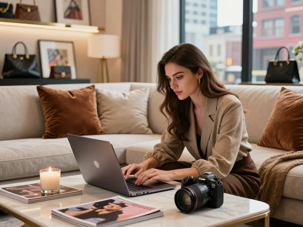 Browsing a luxury 레플리카 shopping site in a stylish living room filled with designer items.