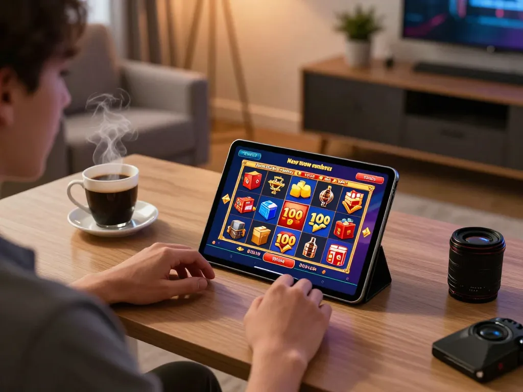 Engaging online gaming scene depicting slot bonus new member 100 on tablet with colorful graphics, cozy home atmosphere
