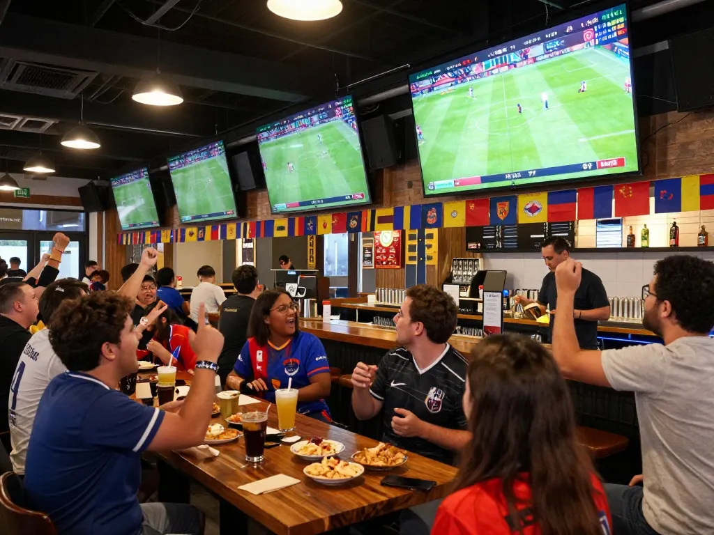 Xoilac TV live sports betting excitement with fans cheering in vibrant sports bar atmosphere
